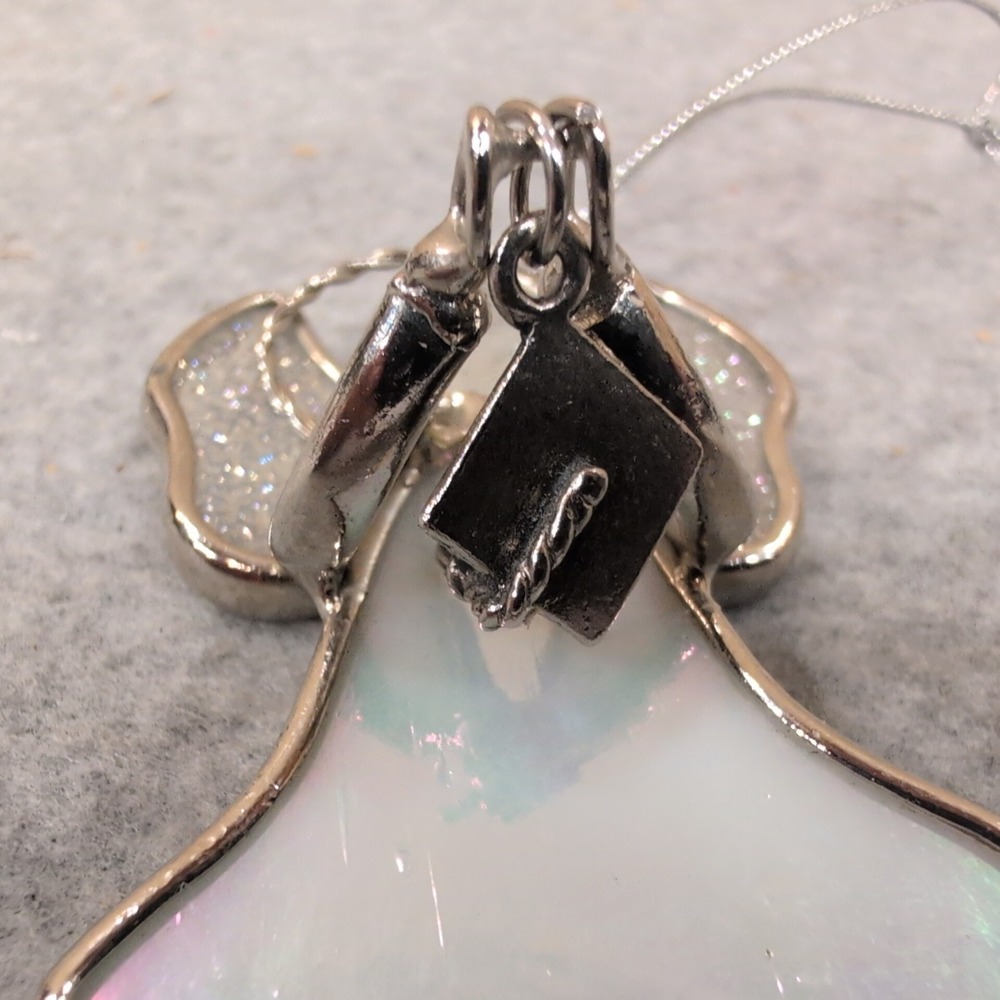 Graduation Angel Ornament Stained Glass Iridescent Silver Tone Metal Wings - Picture 2 of 5